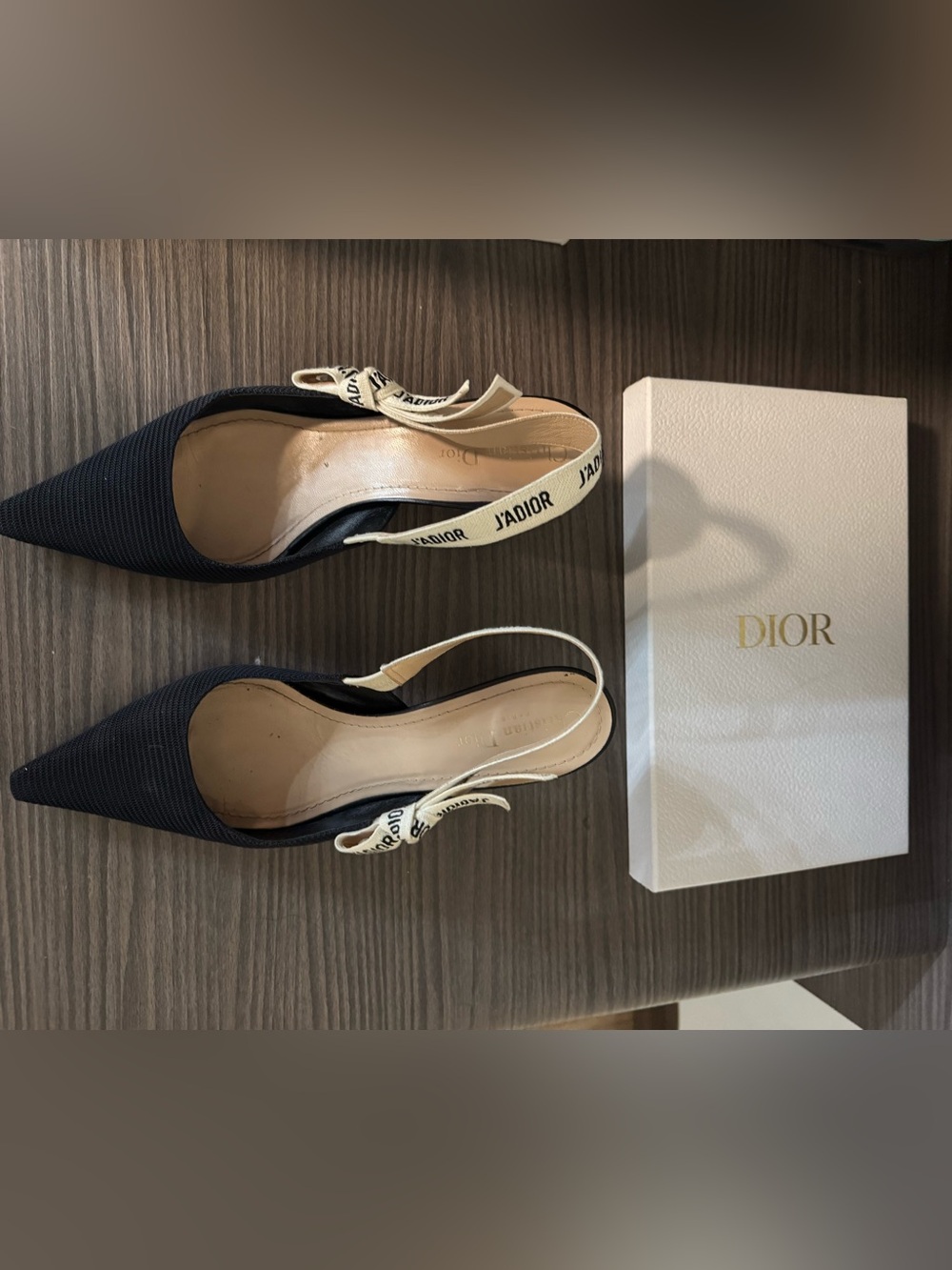 Dior Black Pointed J'Adior Slingback Flats with Ivory Ribbon